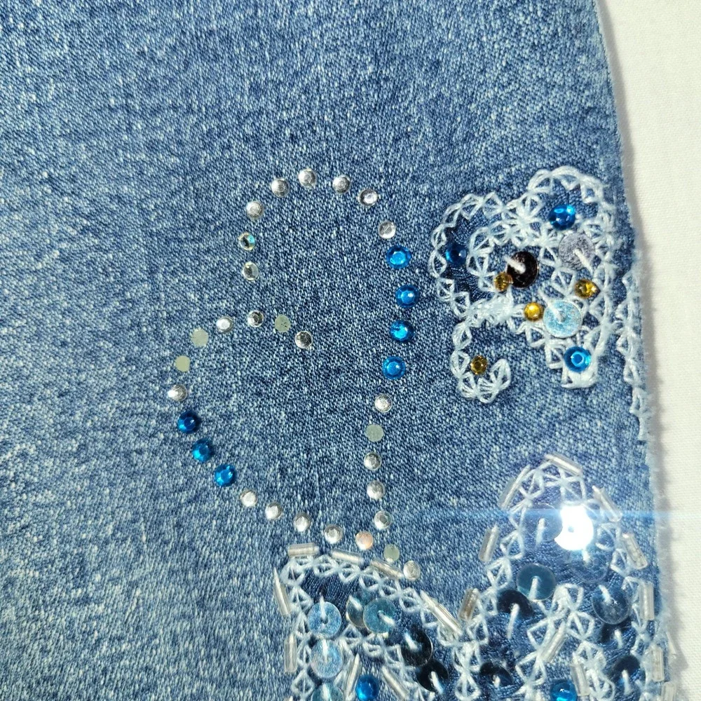 Vintage F.L. Jeans Medium Wash Embellished Sequin Floral Bootcut Denim Jeans Y2K